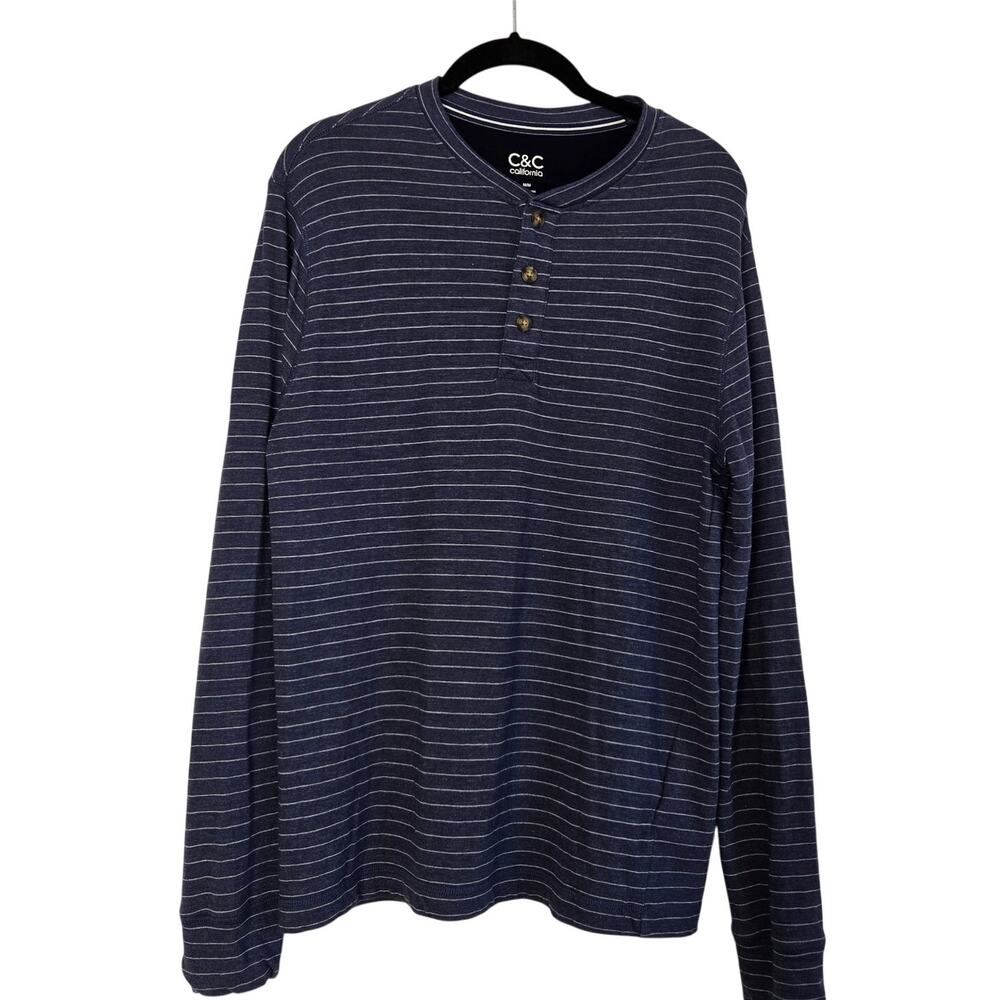 C&C California Men’s Blue White Long Sleeve Tee Lightweight Rayon Blend Medium